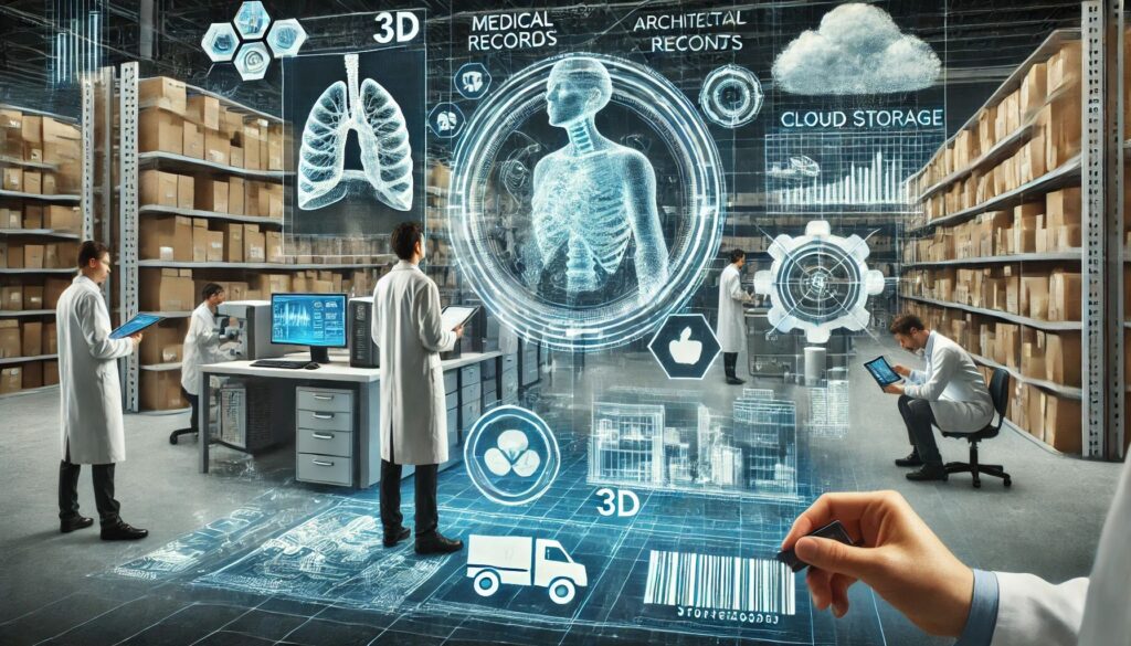 Here is a landscape image representing digital scanning technology across various industries