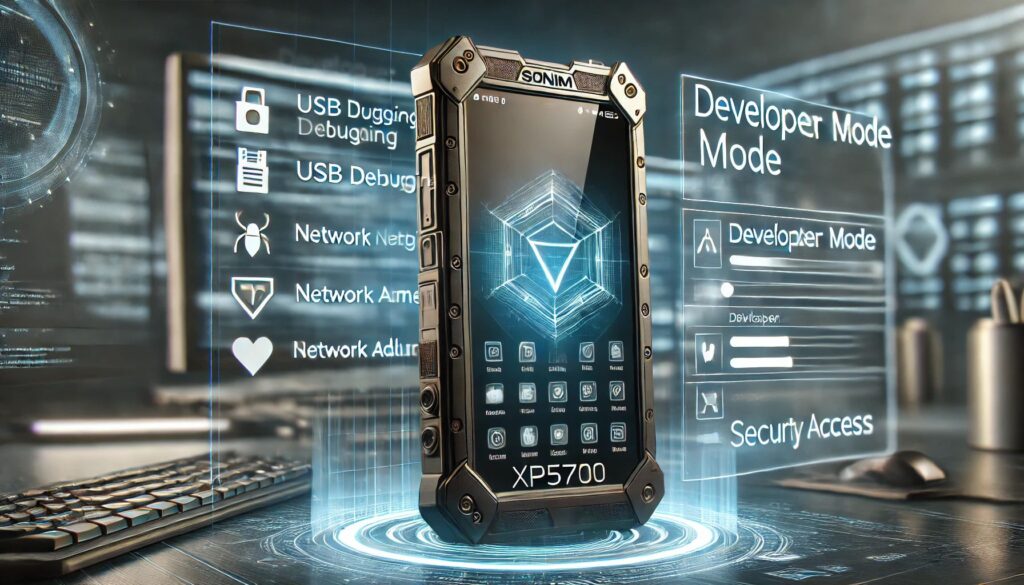 It showcases the Sonim XP5700 with digital overlays of developer mode settings, USB debugging, and root access