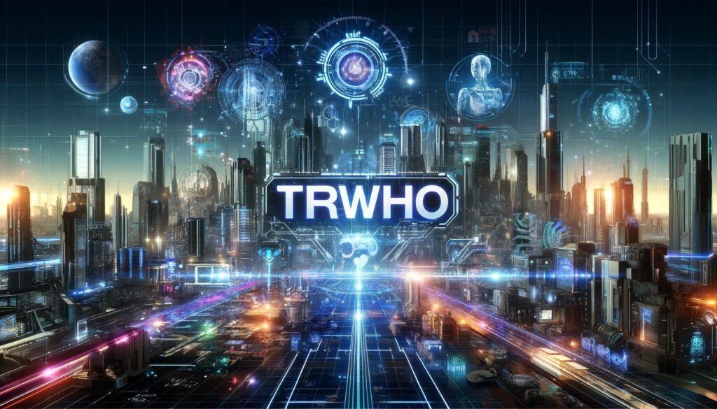 Prominently featuring "TRWho.com". It visually represents technology, AI, virtual reality, and cybersecurity.